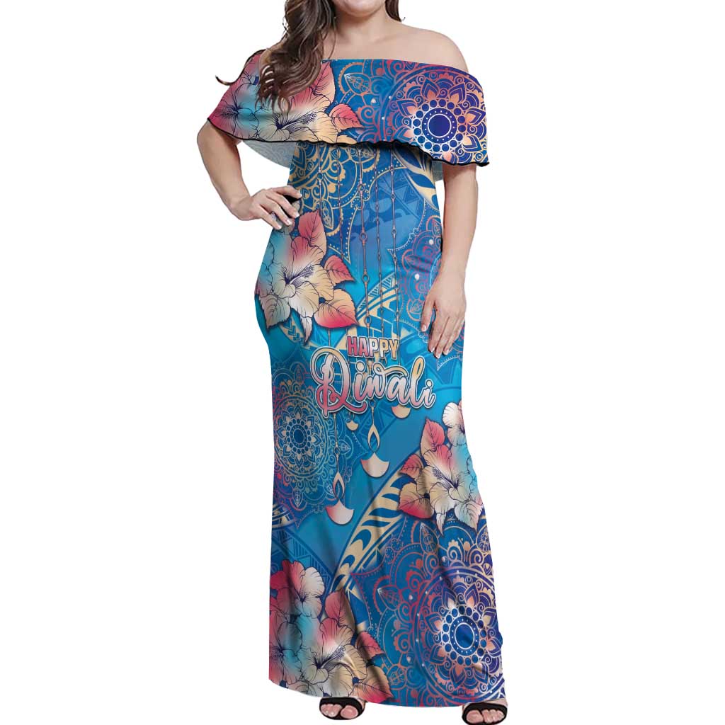 Happy Diwali Festival Off Shoulder Maxi Dress Diya Lamp Rangoli With Polynesian Pattern