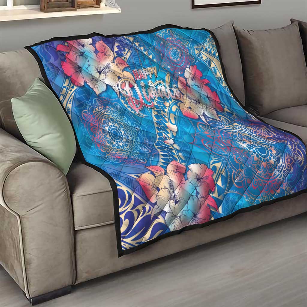 Happy Diwali Festival Quilt Diya Lamp Rangoli With Polynesian Pattern