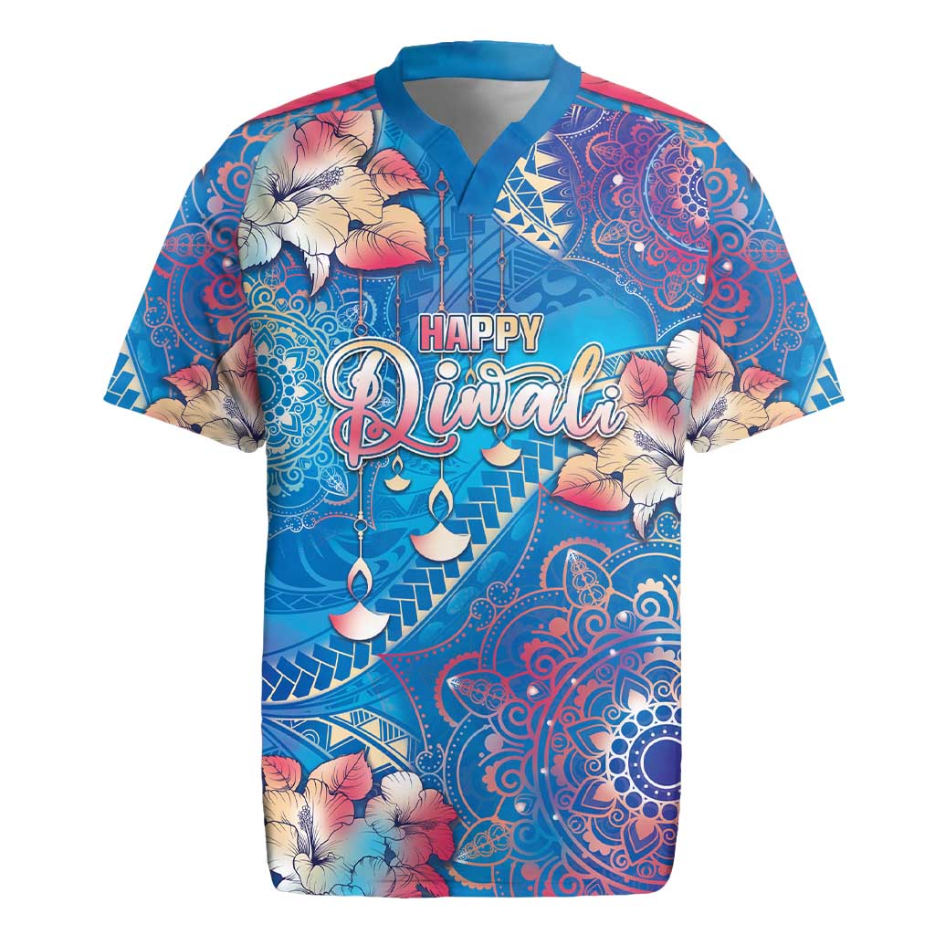 Happy Diwali Festival Rugby Jersey Diya Lamp Rangoli With Polynesian Pattern