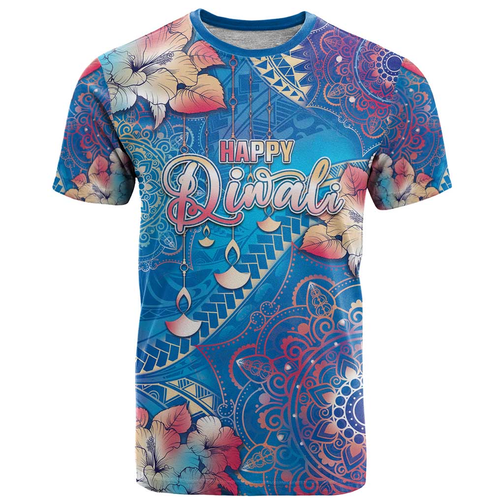 Happy Diwali Festival T Shirt Diya Lamp Rangoli With Polynesian Pattern