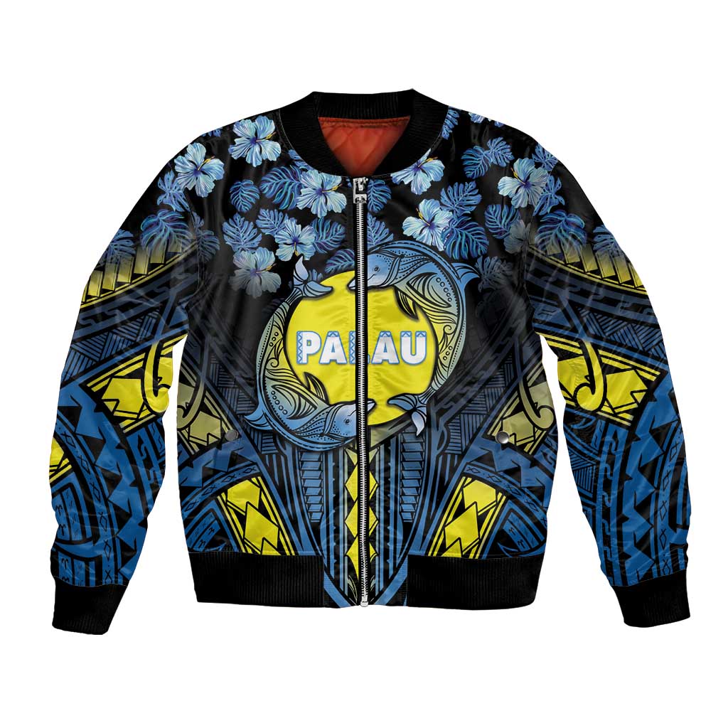 Personalised Palau Bomber Jacket Polynesian Dolphin Tropical Hibiscus Style