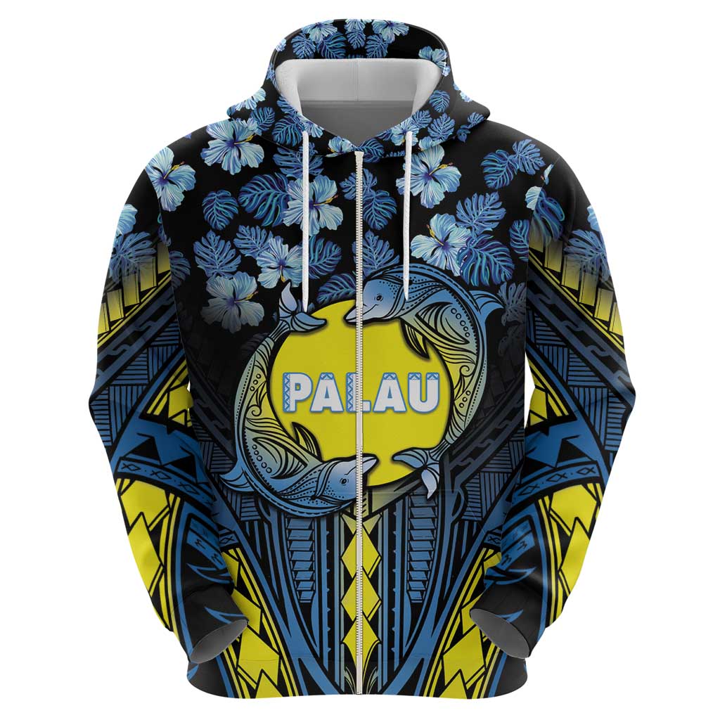 Personalised Palau Hoodie Polynesian Dolphin Tropical Hibiscus Style