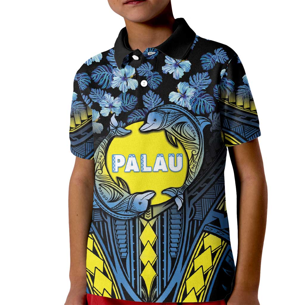 Personalised Palau Kid Polo Shirt Polynesian Dolphin Tropical Hibiscus Style