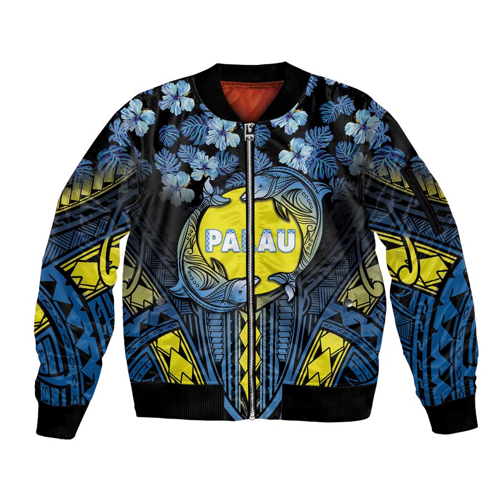 Personalised Palau Sleeve Zip Bomber Jacket Polynesian Dolphin Tropical Hibiscus Style