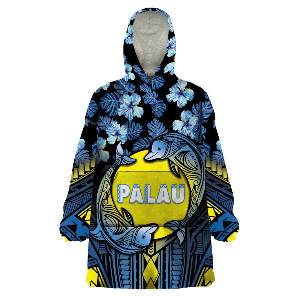 Personalised Palau Wearable Blanket Hoodie Polynesian Dolphin Tropical Hibiscus Style