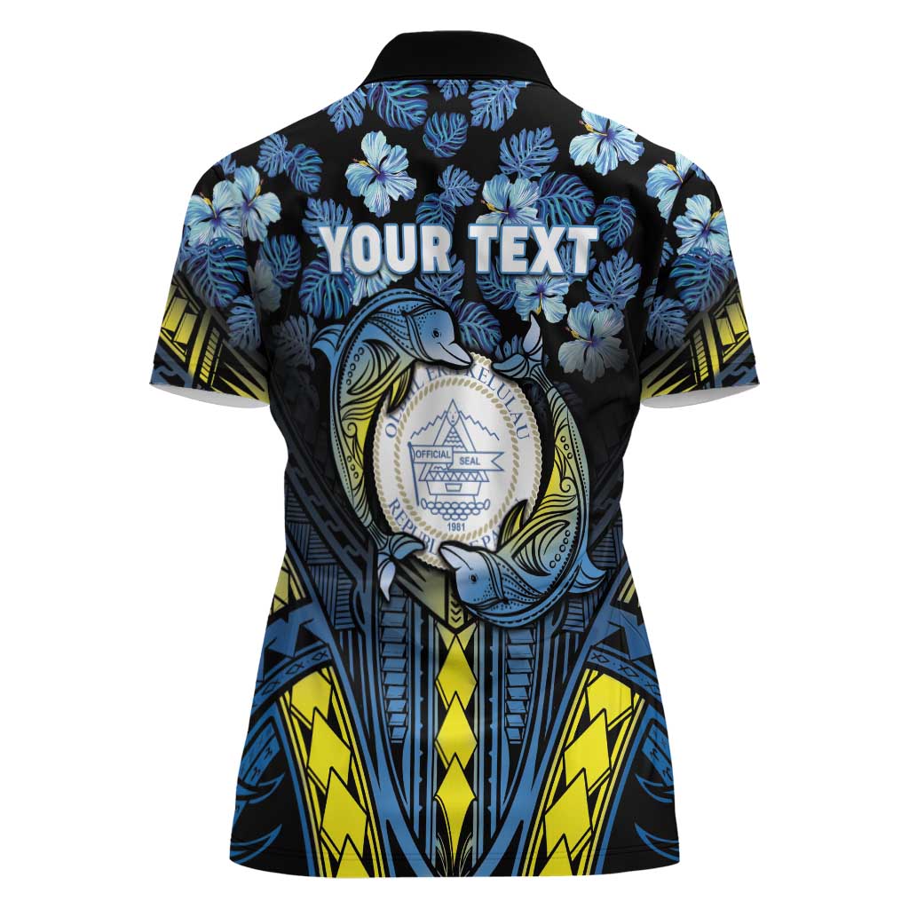 Personalised Palau Women Polo Shirt Polynesian Dolphin Tropical Hibiscus Style