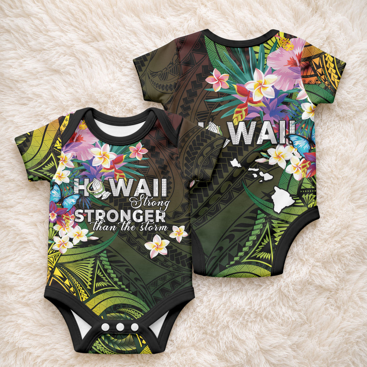 Hawaii Strong Baby Onesie Polynesian Tribal Tropical Flowers