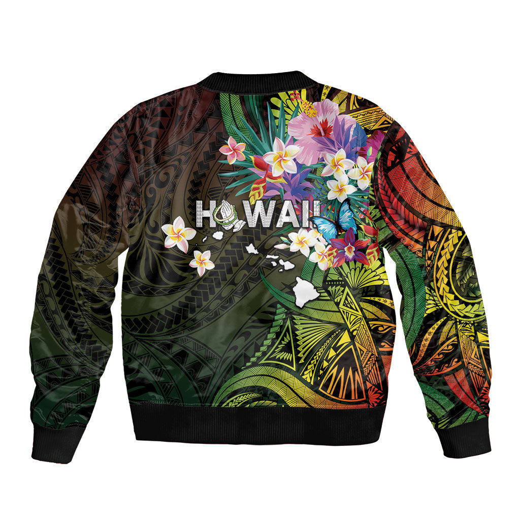 Hawaii Strong Bomber Jacket Polynesian Tribal Tropical Flowers