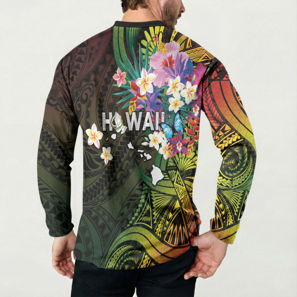 Hawaii Strong Button Sweatshirt Polynesian Tribal Tropical Flowers