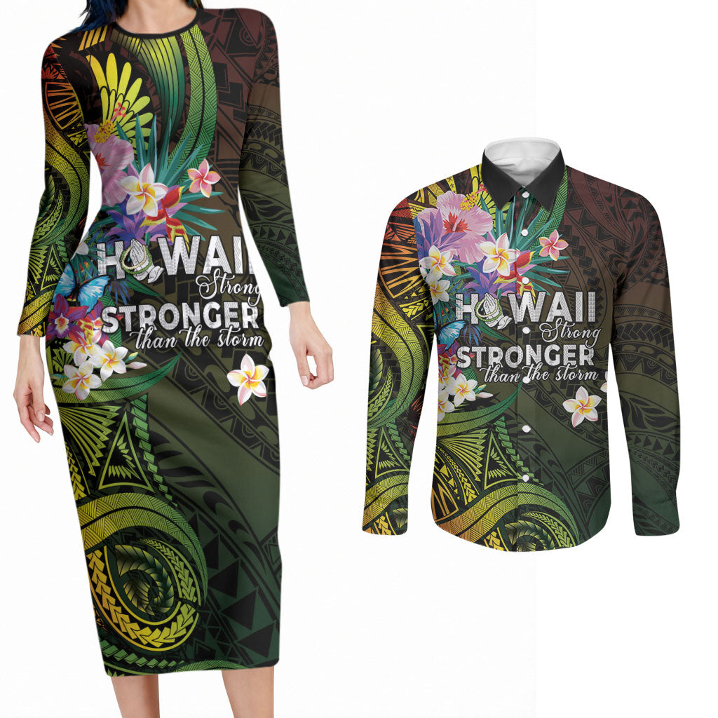Hawaii Strong Couples Matching Long Sleeve Bodycon Dress and Long Sleeve Button Shirt Polynesian Tribal Tropical Flowers