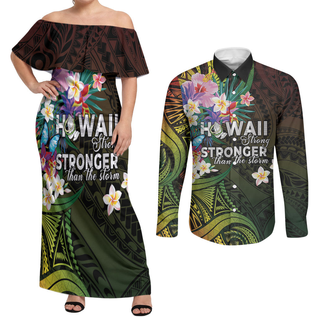 Hawaii Strong Couples Matching Off Shoulder Maxi Dress and Long Sleeve Button Shirt Polynesian Tribal Tropical Flowers