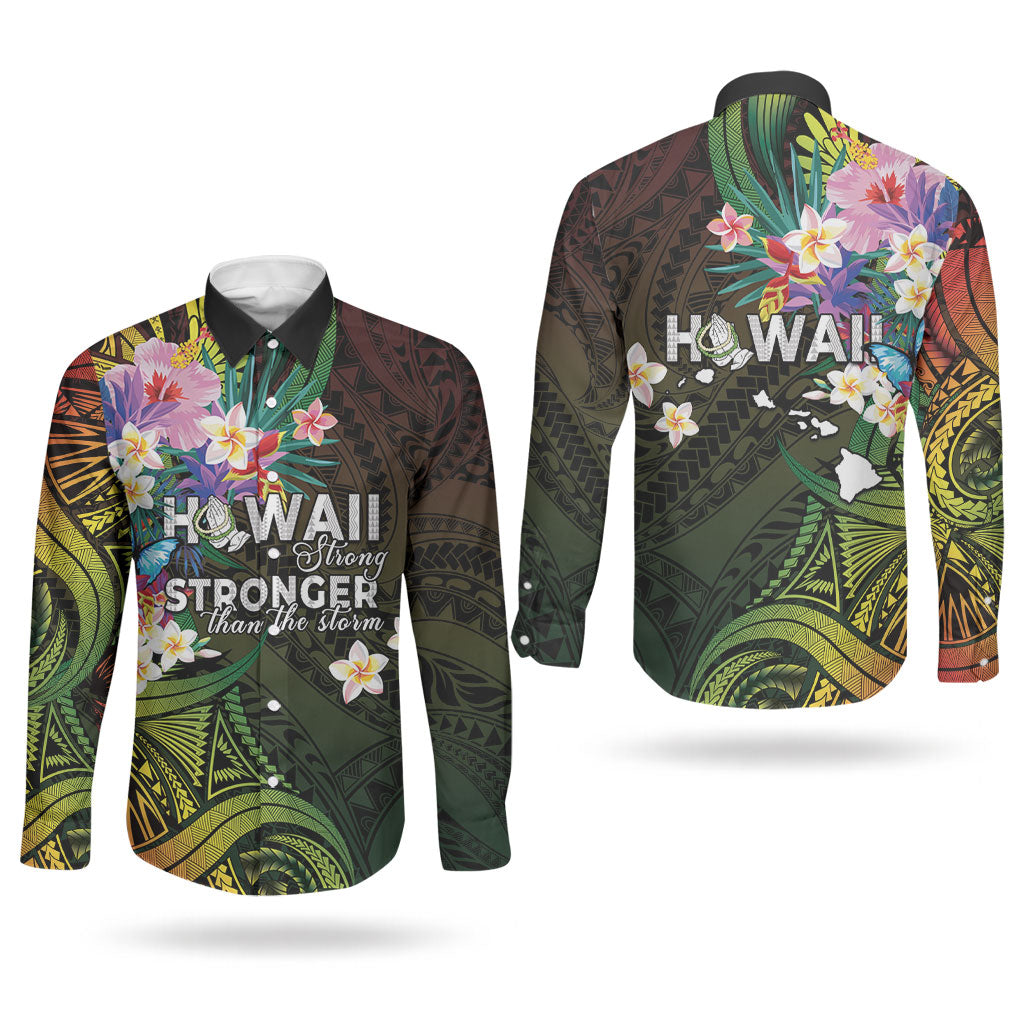 Hawaii Strong Couples Matching Off Shoulder Maxi Dress and Long Sleeve Button Shirt Polynesian Tribal Tropical Flowers