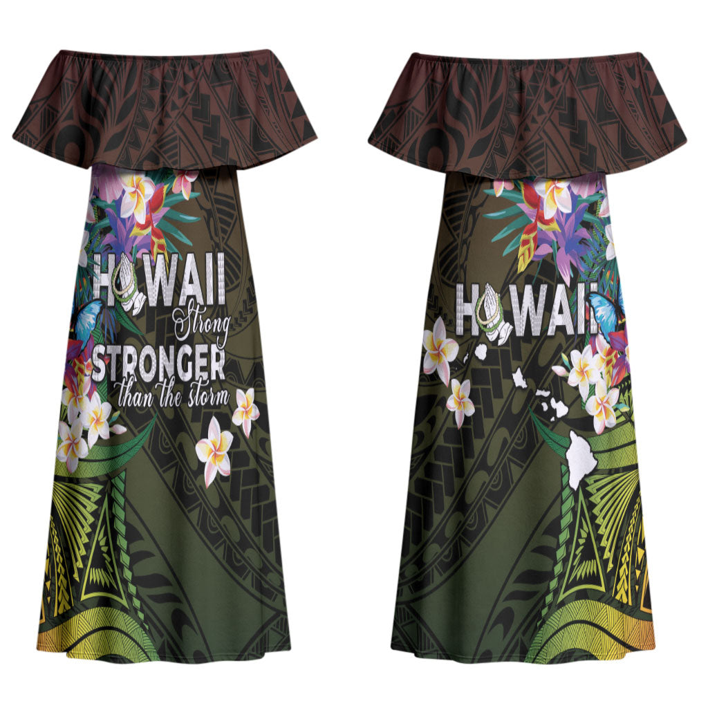 Hawaii Strong Couples Matching Off Shoulder Maxi Dress and Long Sleeve Button Shirt Polynesian Tribal Tropical Flowers