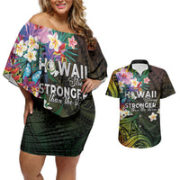 Hawaii Strong Couples Matching Off Shoulder Short Dress and Hawaiian Shirt Polynesian Tribal Tropical Flowers
