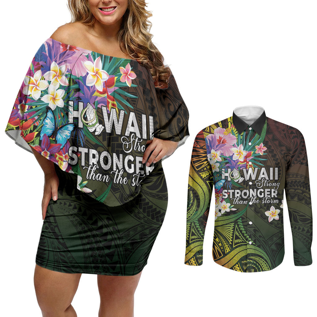 Hawaii Strong Couples Matching Off Shoulder Short Dress and Long Sleeve Button Shirt Polynesian Tribal Tropical Flowers