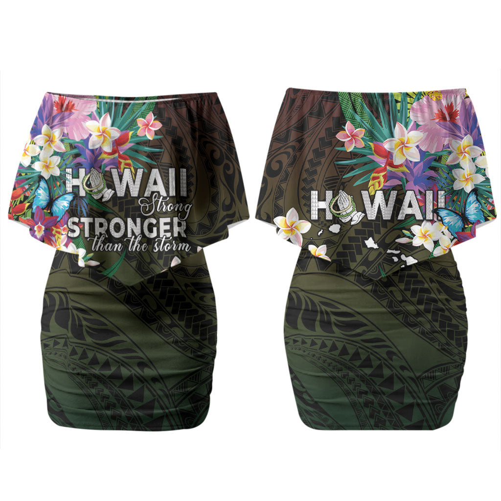 Hawaii Strong Couples Matching Off Shoulder Short Dress and Long Sleeve Button Shirt Polynesian Tribal Tropical Flowers
