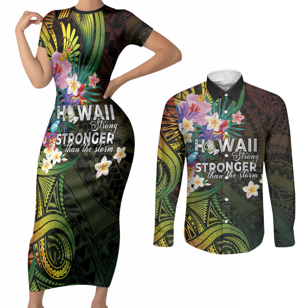 Hawaii Strong Couples Matching Short Sleeve Bodycon Dress and Long Sleeve Button Shirt Polynesian Tribal Tropical Flowers