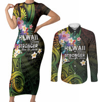 Hawaii Strong Couples Matching Short Sleeve Bodycon Dress and Long Sleeve Button Shirt Polynesian Tribal Tropical Flowers