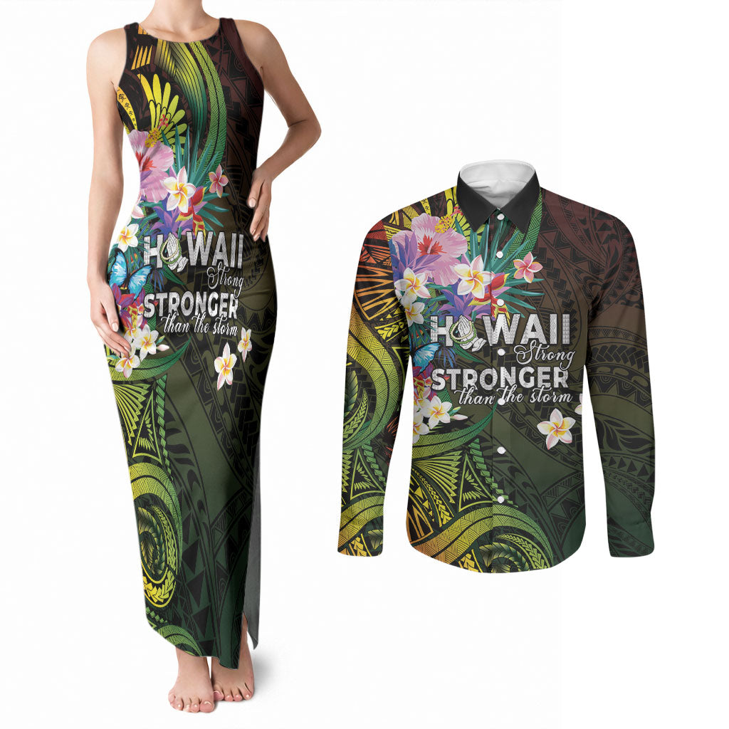 Hawaii Strong Couples Matching Tank Maxi Dress and Long Sleeve Button Shirt Polynesian Tribal Tropical Flowers