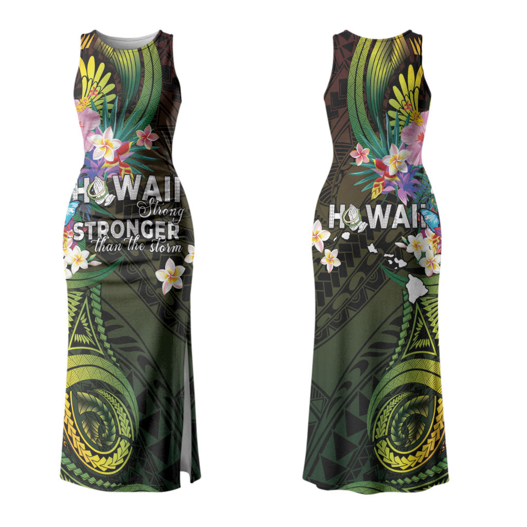 Hawaii Strong Couples Matching Tank Maxi Dress and Long Sleeve Button Shirt Polynesian Tribal Tropical Flowers