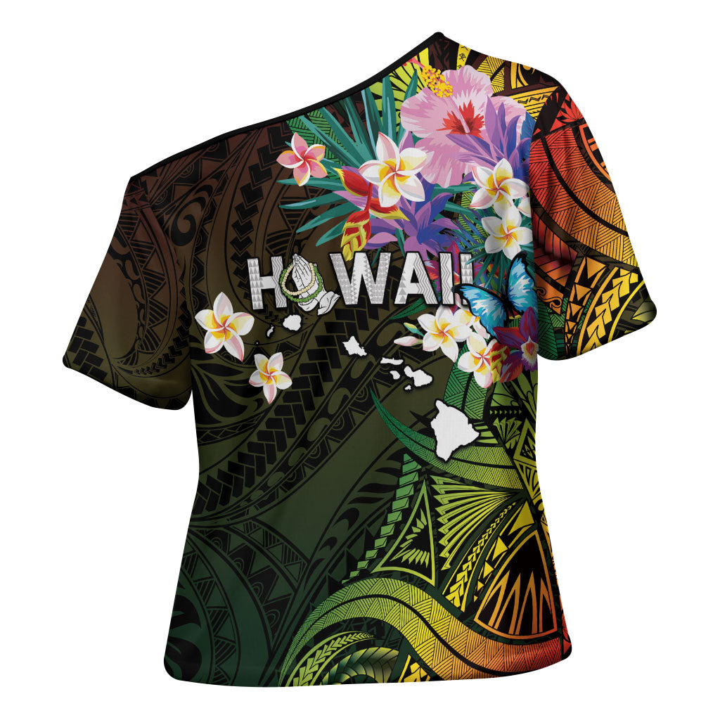 Hawaii Strong Cross Shoulder Shirt Polynesian Tribal Tropical Flowers