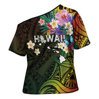 Hawaii Strong Cross Shoulder Shirt Polynesian Tribal Tropical Flowers