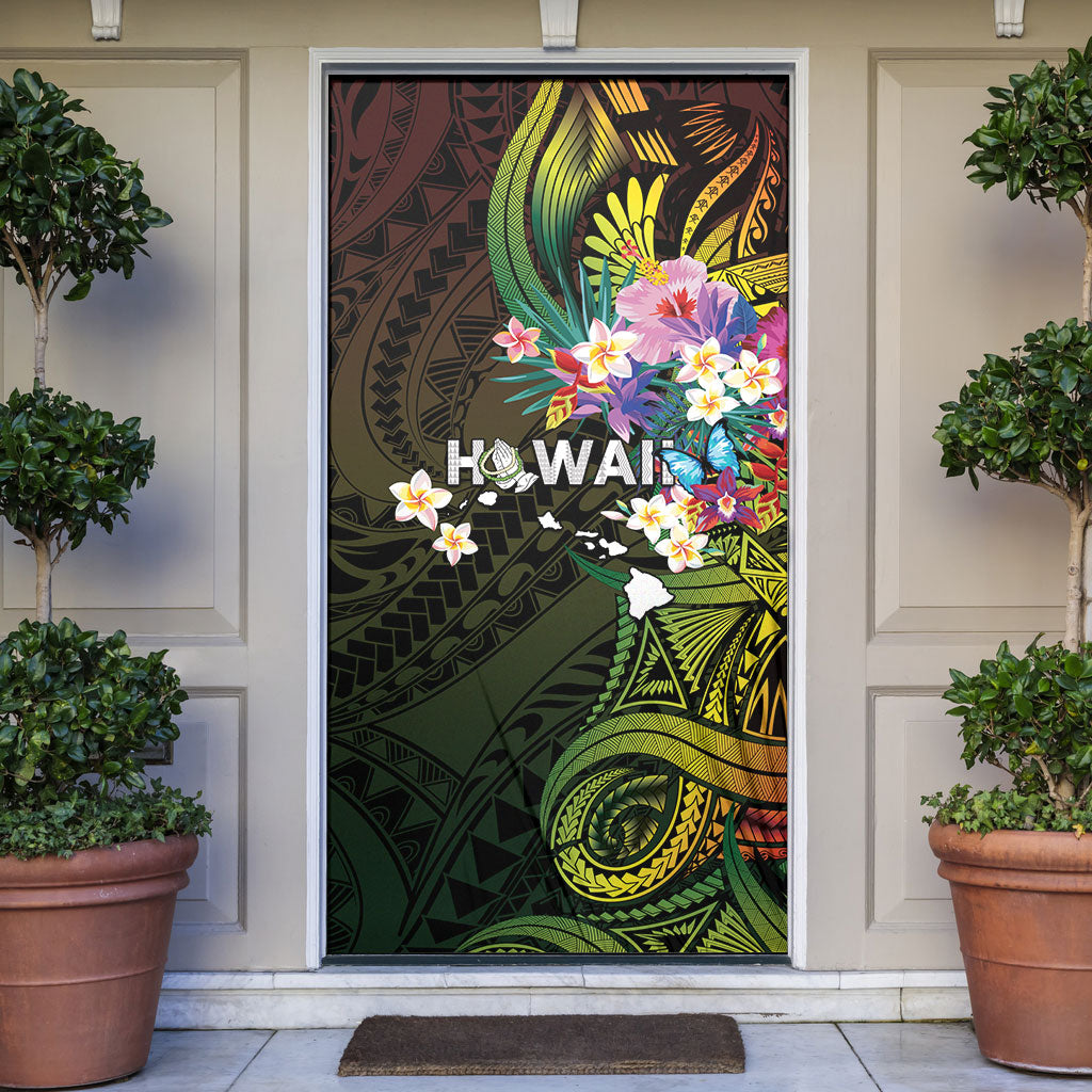 Hawaii Strong Door Cover Polynesian Tribal Tropical Flowers LT05 Black - Polynesian Pride