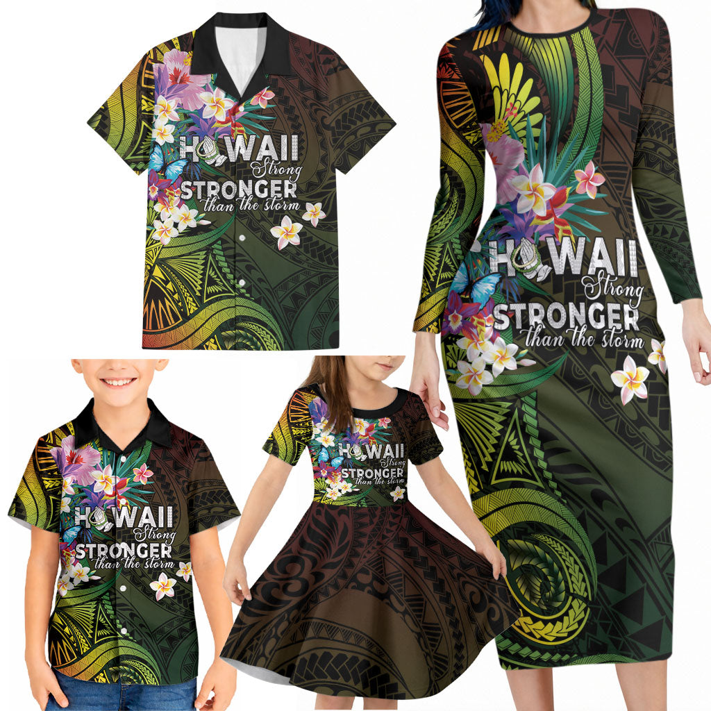 Hawaii Strong Family Matching Long Sleeve Bodycon Dress and Hawaiian Shirt Polynesian Tribal Tropical Flowers