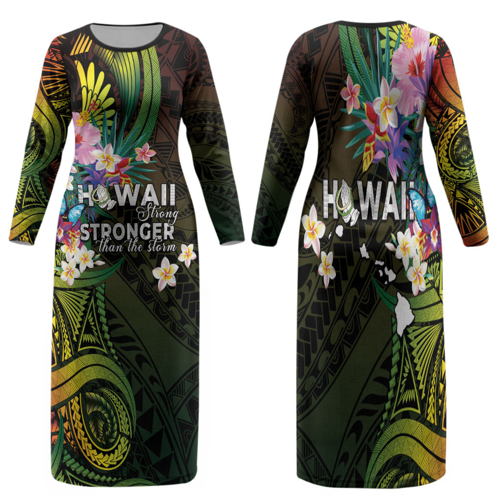 Hawaii Strong Family Matching Long Sleeve Bodycon Dress and Hawaiian Shirt Polynesian Tribal Tropical Flowers