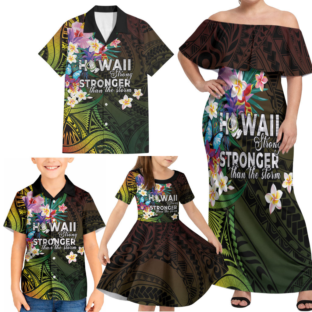 Hawaii Strong Family Matching Off Shoulder Maxi Dress and Hawaiian Shirt Polynesian Tribal Tropical Flowers