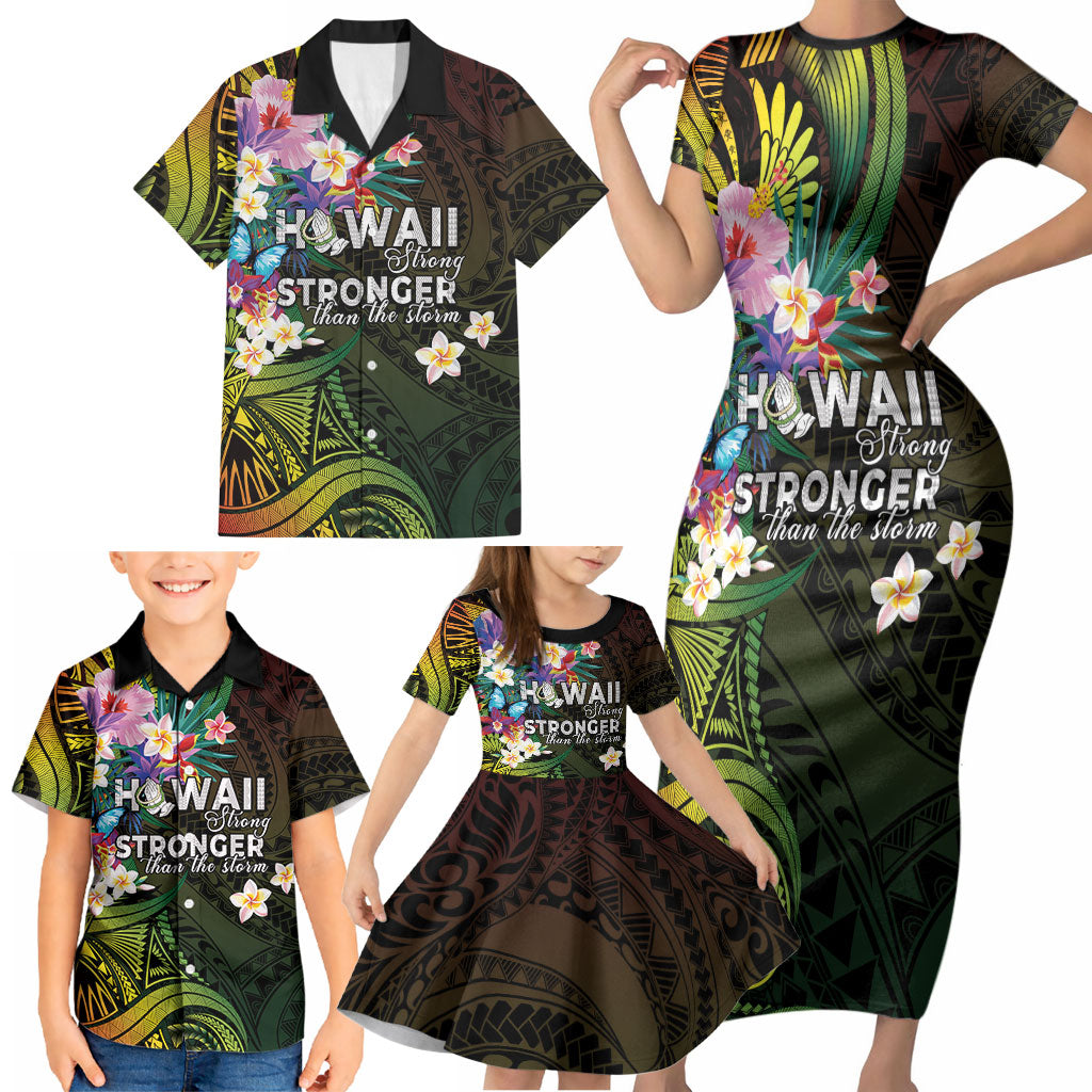 Hawaii Strong Family Matching Short Sleeve Bodycon Dress and Hawaiian Shirt Polynesian Tribal Tropical Flowers