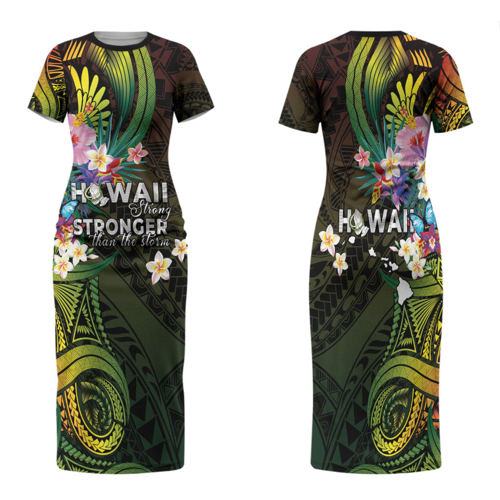 Hawaii Strong Family Matching Short Sleeve Bodycon Dress and Hawaiian Shirt Polynesian Tribal Tropical Flowers