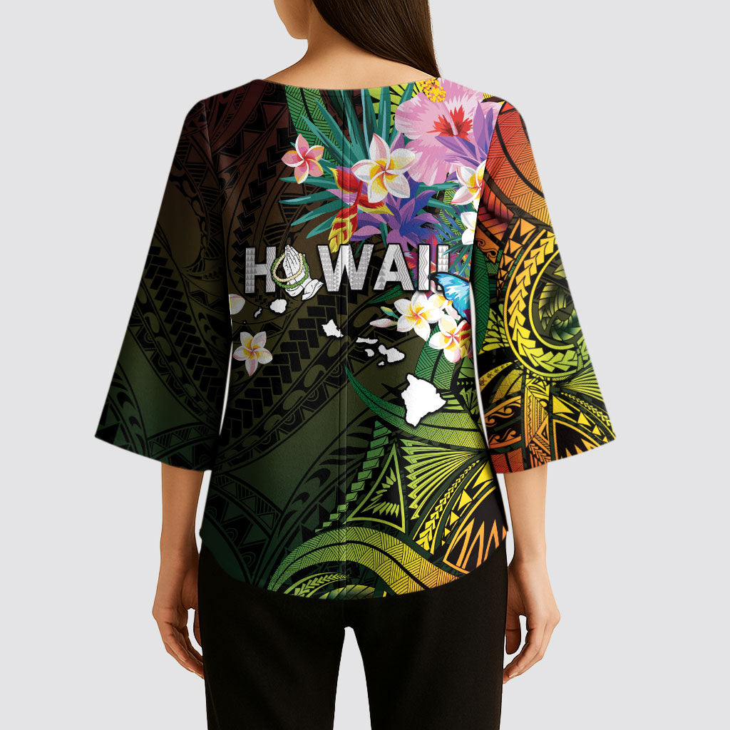 Hawaii Strong Kimono Sleeve Blouse Polynesian Tribal Tropical Flowers