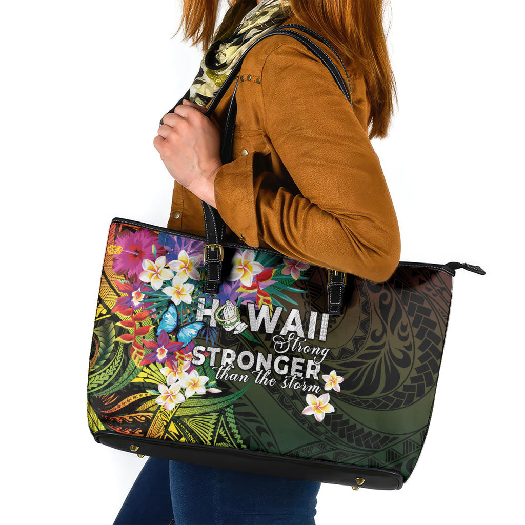 Hawaii Strong Leather Tote Bag Polynesian Tribal Tropical Flowers