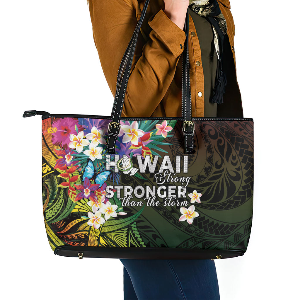 Hawaii Strong Leather Tote Bag Polynesian Tribal Tropical Flowers
