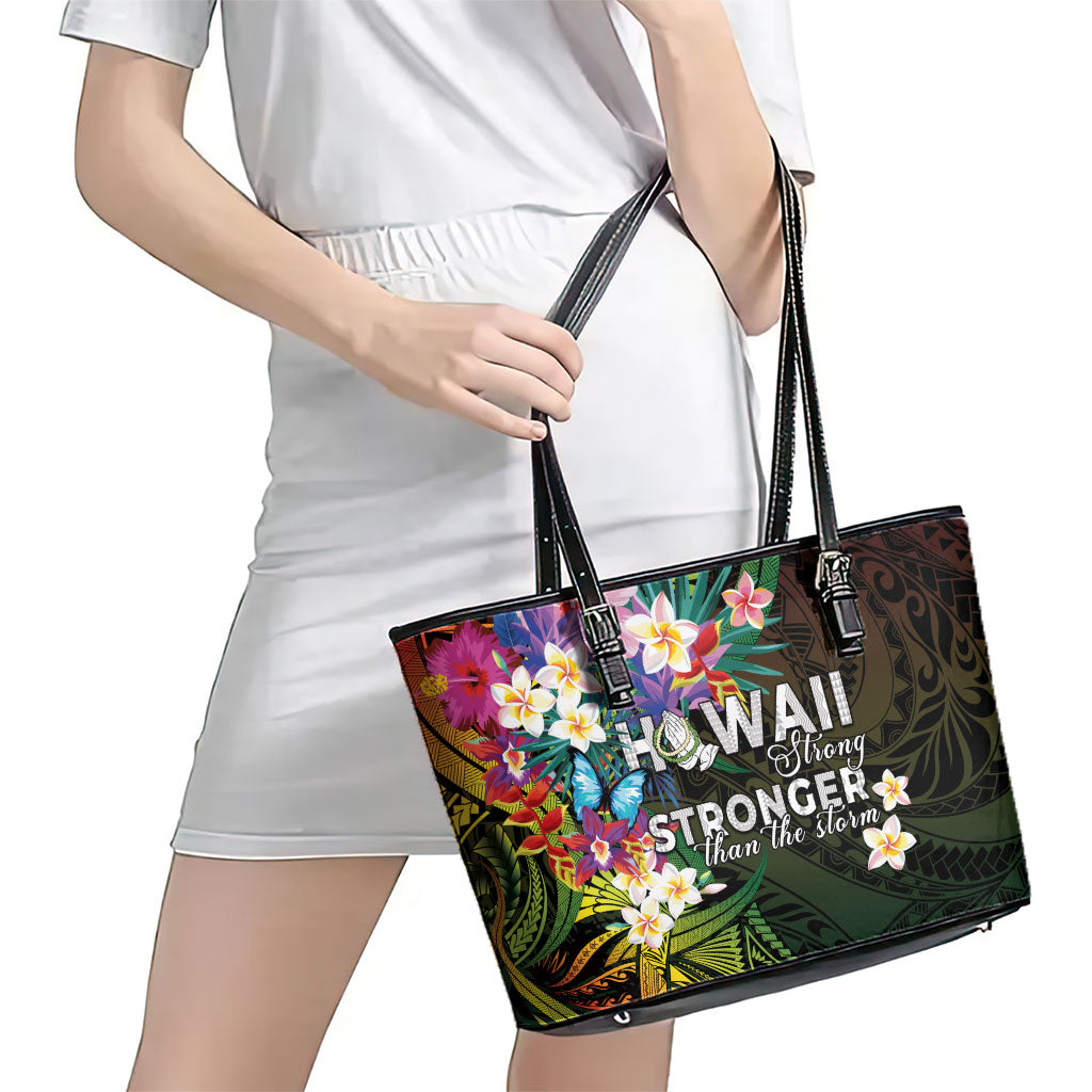 Hawaii Strong Leather Tote Bag Polynesian Tribal Tropical Flowers