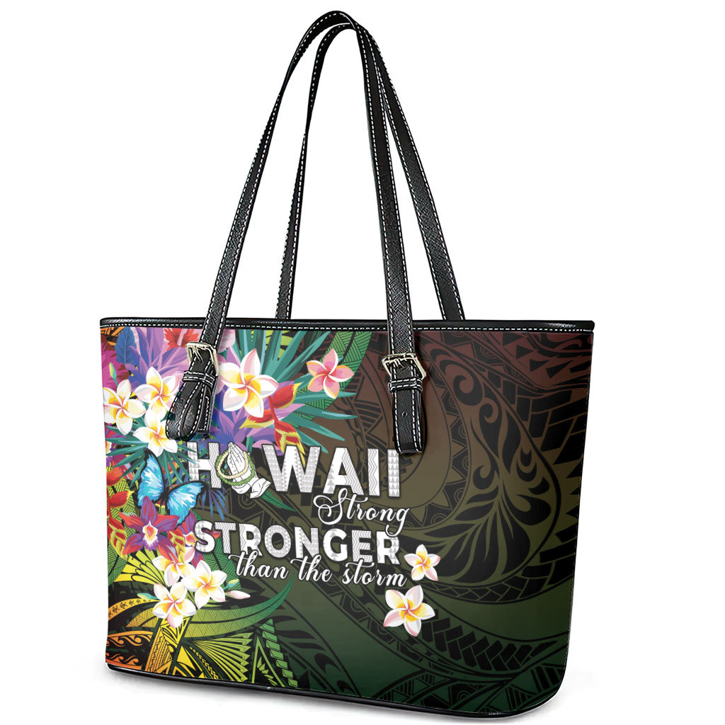Hawaii Strong Leather Tote Bag Polynesian Tribal Tropical Flowers