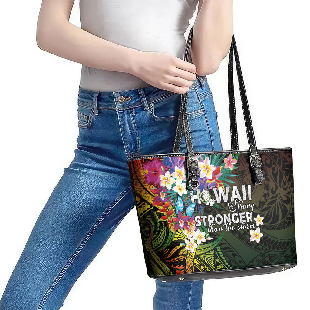Hawaii Strong Leather Tote Bag Polynesian Tribal Tropical Flowers