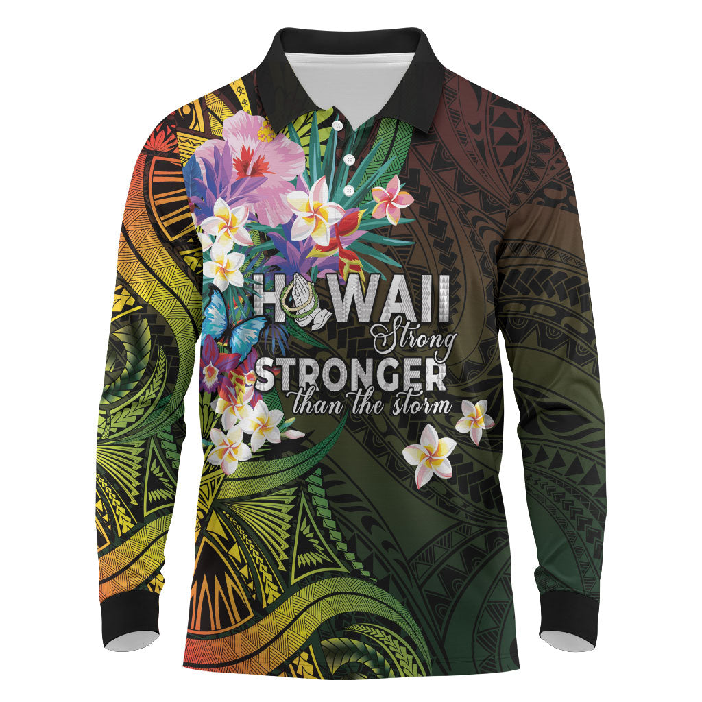 Hawaii Strong Long Sleeve Polo Shirt Polynesian Tribal Tropical Flowers