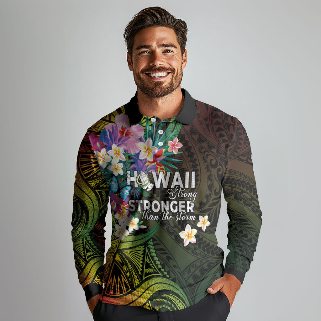 Hawaii Strong Long Sleeve Polo Shirt Polynesian Tribal Tropical Flowers