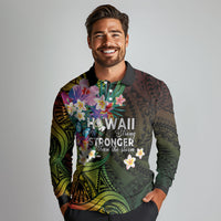Hawaii Strong Long Sleeve Polo Shirt Polynesian Tribal Tropical Flowers