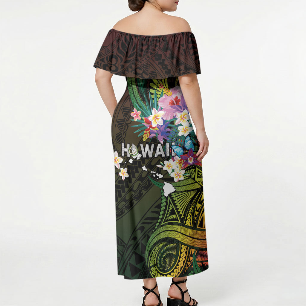 Hawaii Strong Off Shoulder Maxi Dress Polynesian Tribal Tropical Flowers