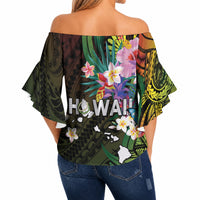 Hawaii Strong Off Shoulder Wrap Waist Top Polynesian Tribal Tropical Flowers