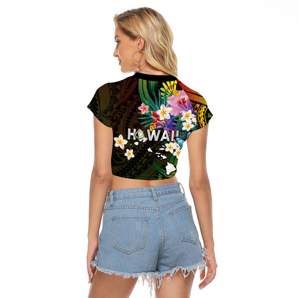 Hawaii Strong Raglan Cropped T Shirt Polynesian Tribal Tropical Flowers