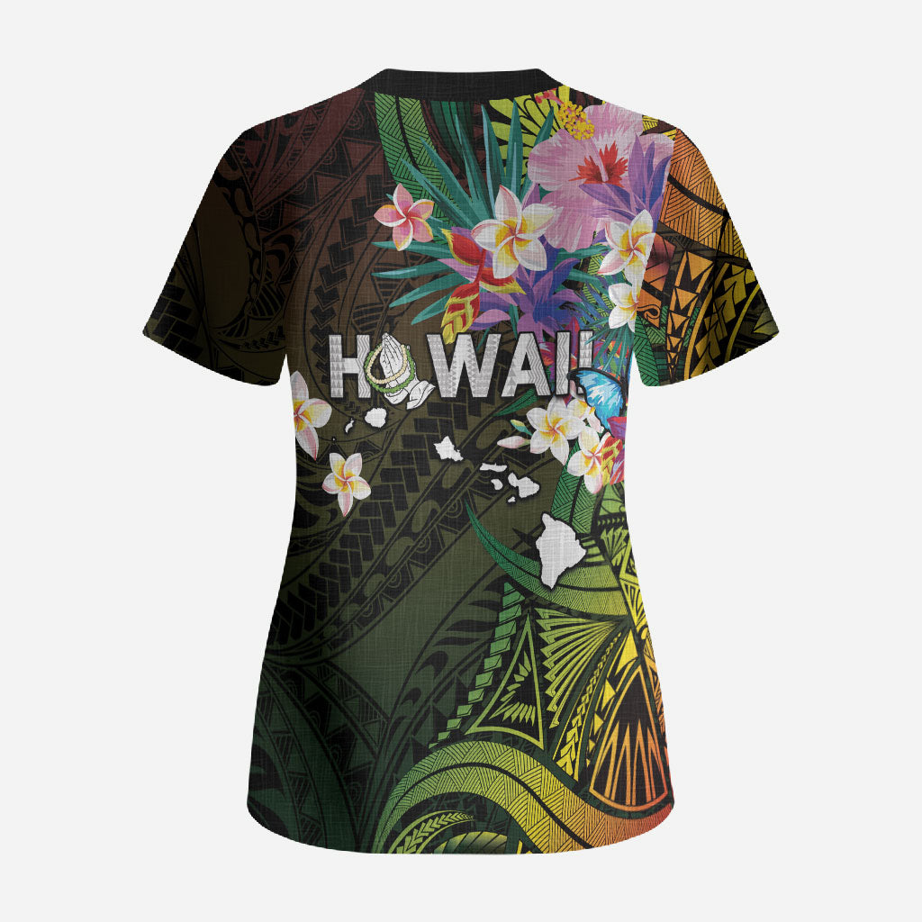Hawaii Strong Scrub Top Polynesian Tribal Tropical Flowers