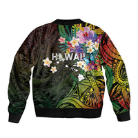 Hawaii Strong Sleeve Zip Bomber Jacket Polynesian Tribal Tropical Flowers