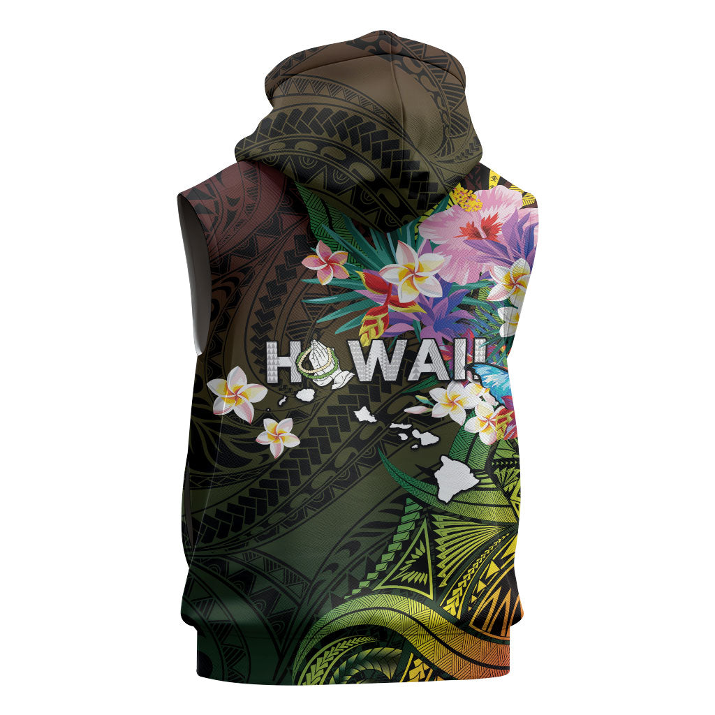 Hawaii Strong Sleeveless Hoodie Polynesian Tribal Tropical Flowers