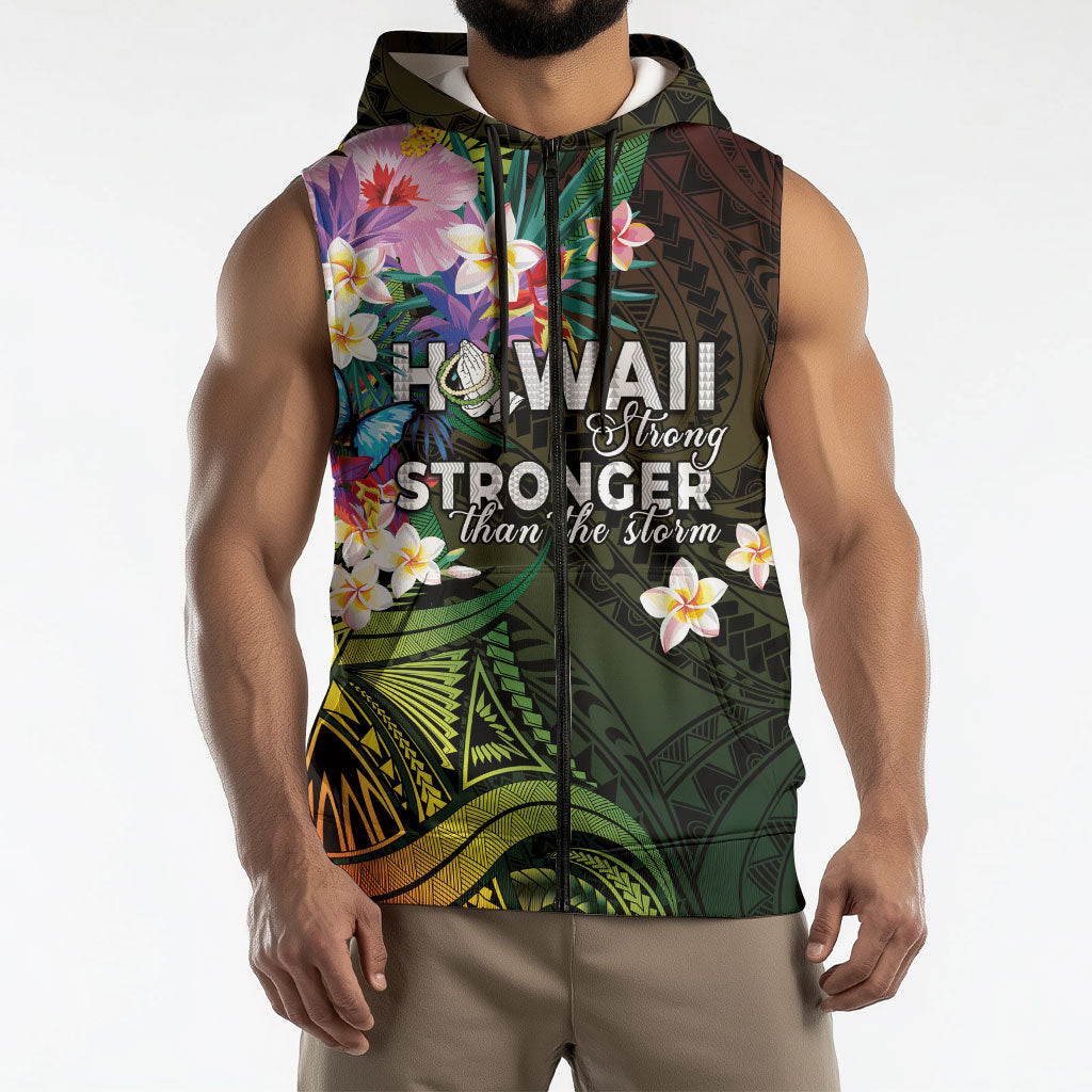 Hawaii Strong Sleeveless Zip Hoodie Polynesian Tribal Tropical Flowers