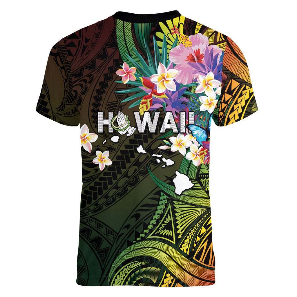 Hawaii Strong Women V-Neck T-Shirt Polynesian Tribal Tropical Flowers