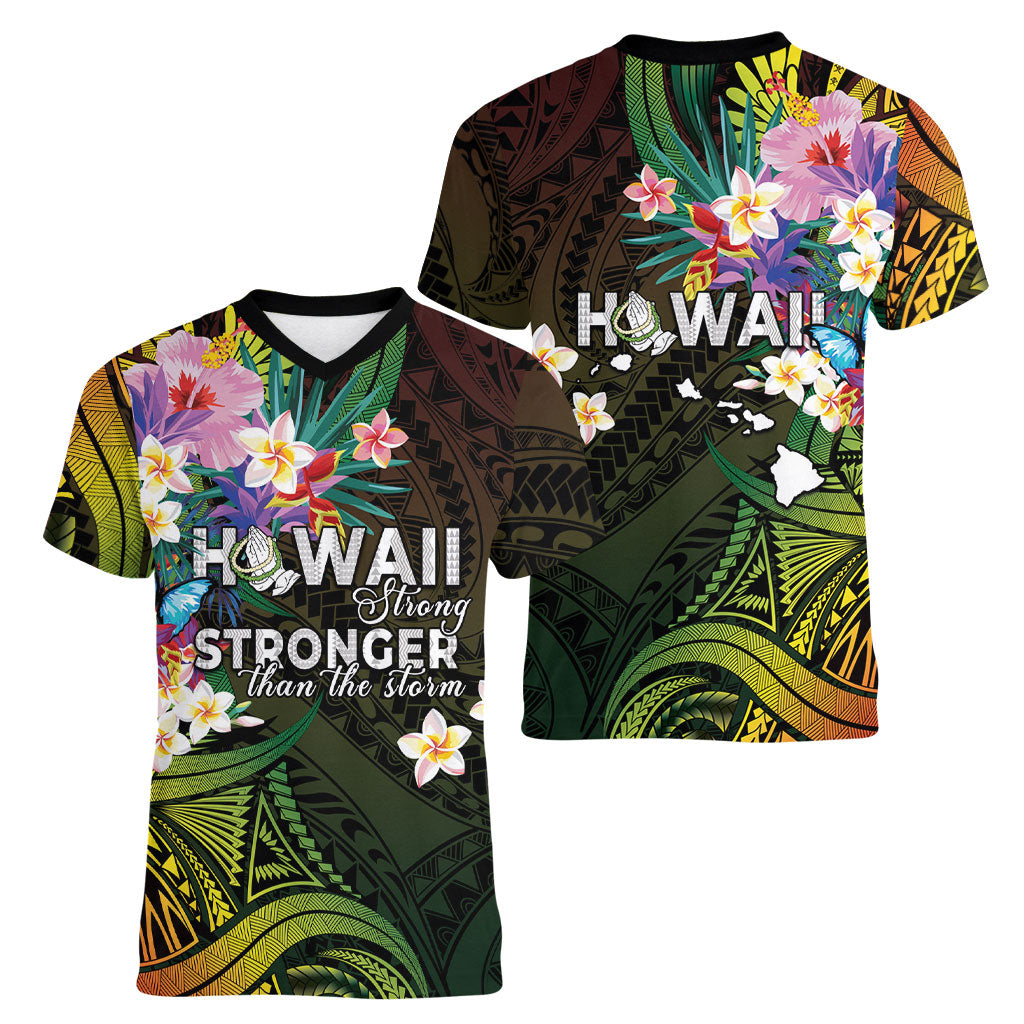 Hawaii Strong Women V-Neck T-Shirt Polynesian Tribal Tropical Flowers